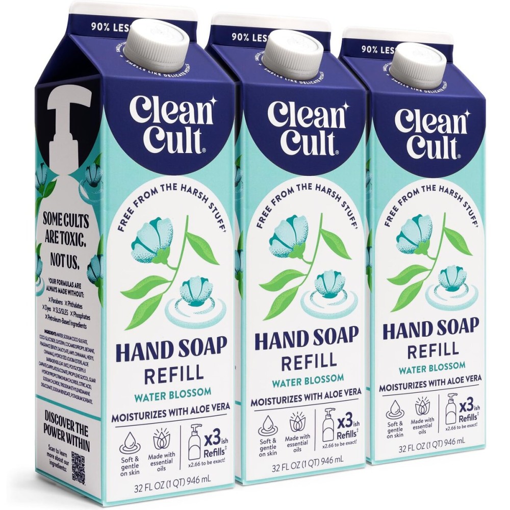 Cleancult Liquid Hand Soap Refill - Water Blossom - Moisturizes Dry & Sensitive Skin - Made with Aloe Vera & Essential Oils - Eco Friendly - Paper-Based Packaging - 32 oz/3 Pack