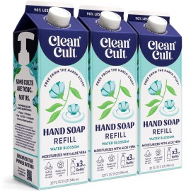 Cleancult Liquid Hand Soap Refill - Water Blossom - Moisturizes Dry & Sensitive Skin - Made with Aloe Vera & Essential Oils - Eco Friendly - Paper-Based Packaging - 32 oz/3 Pack