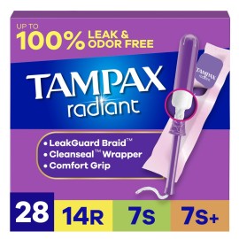 Tampax Radiant Tampons for Women Multipack, with LeakGuard Braid, Regular/Super/Super Plus Absorbency, Unscented, 28 Count