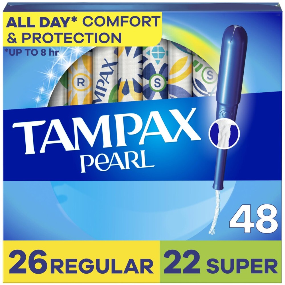 Tampax Pearl Tampons for Women Multipack, with LeakGuard Braid, Regular/Super Absorbency, Unscented, 48 Count