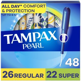 Tampax Pearl Tampons for Women Multipack, with LeakGuard Braid, Regular/Super Absorbency, Unscented, 48 Count