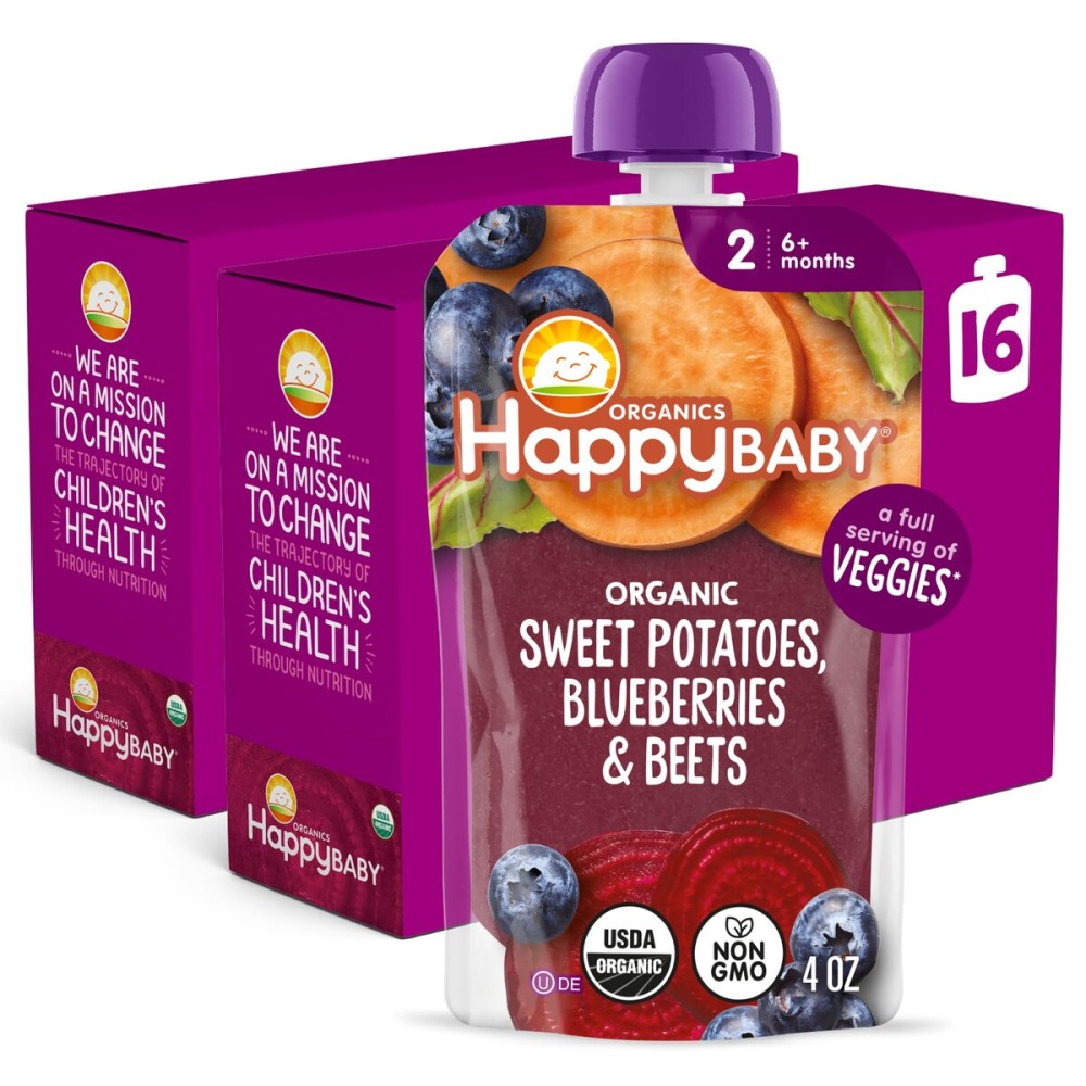 Happy Baby Organics Stage 2 Baby Food Pouches with One Full Serving of Veggies, Nutritious Snack, Clearly Crafted Fruit & Veggie Puree, Sweet Potatoes, Blueberries, & Beets, 4 Ounces
