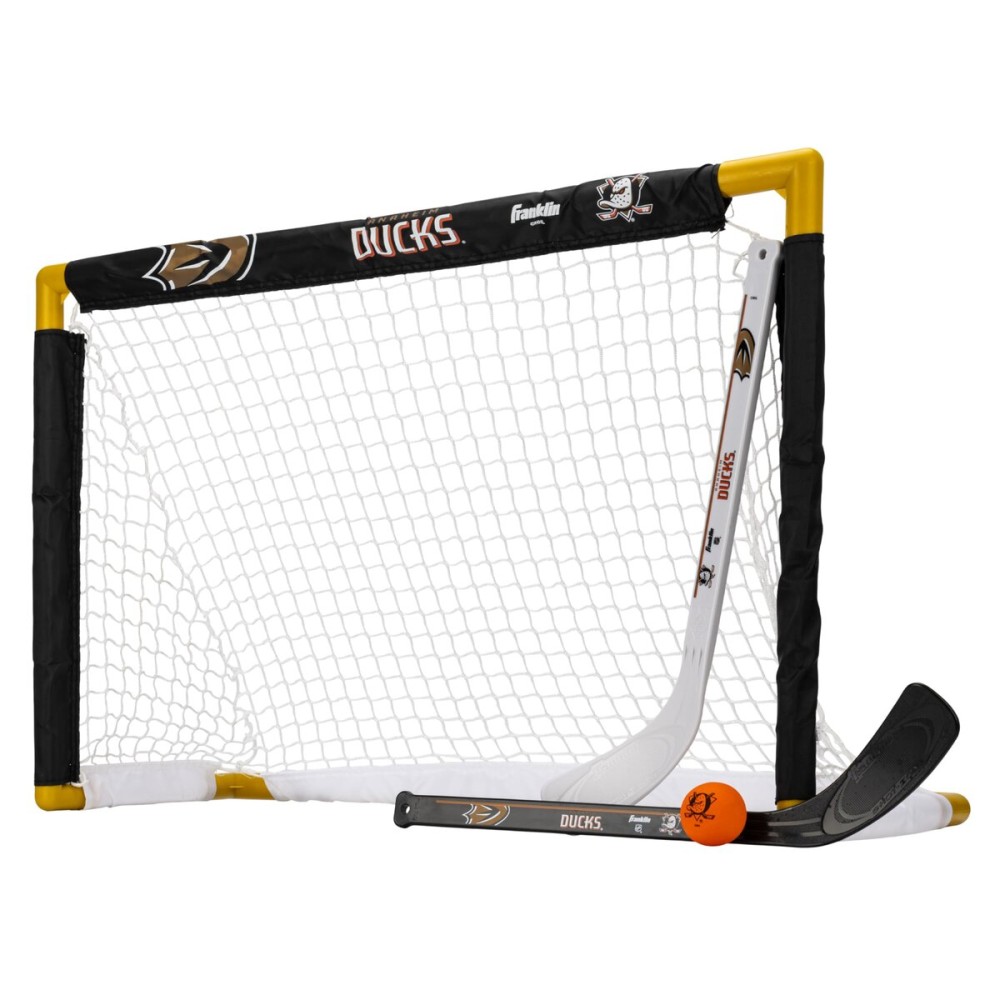 Franklin Sports NHL Anaheim Ducks Mini Hockey Set - Kids Indoor Knee Hockey Goal, Ball, + 2 Mini Hockey Stick Combo Set - Youth NHL Team Indoor Toy Knee Hockey Sets - NHL Official - Ages 3+