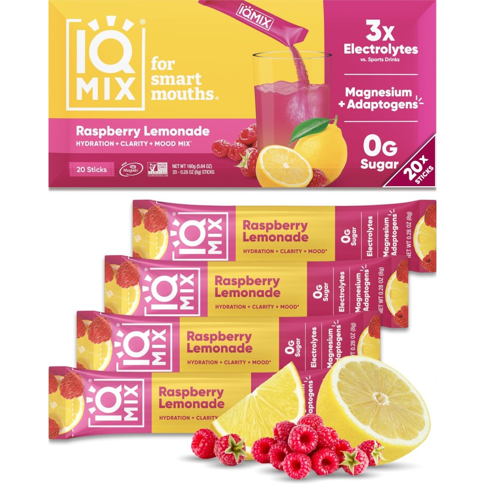 IQMIX Hydration Electrolyte Powder - 4-in-1 Formula for Hydration, Mental Clarity, Mood and Recovery - Sugar-Free Drink Mix, Keto, Magnesium L-Threonate, Lions Mane - 20 Count New Raspberry Lemonade
