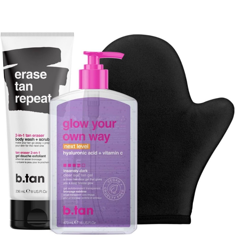 b.tan Clear Self Tanning Gel & Exfoliating Kit | Next Level + Erase Tan Repeat Bundle - 1 Hour Express, Transfer-Resistant Ultra Dark Fake Tanner, 2-in-1 Exfoliator Scrub & Body Wash with Mitt