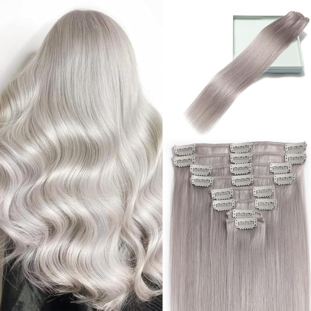 LORIEN Silver Grey Clip in Hair Extensions Real Human Hair Clip ins Remy Human Hair Clip in Extensions Invisible Natural Straight Seamless Clip on Hair Extensions 8pcs Double Weft 18 Inch 100g