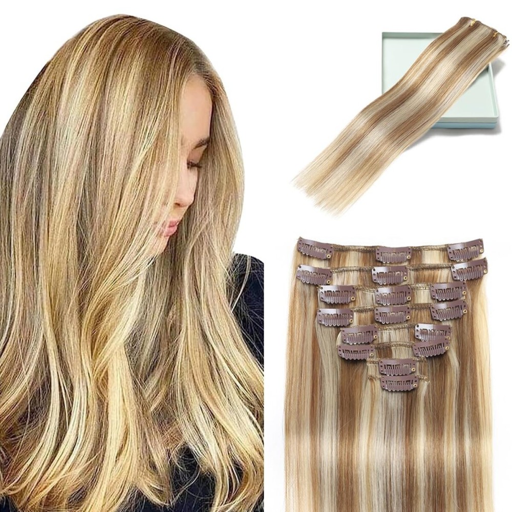 LORIEN Clip in Hair Extensions Real Human Hair, Remy Human Hair Extensions Clip ins for Women, 100% Natural Human Hair, Double Weftm, 16inch 90g 8Pcs, 16/22 Light Blonde to Golden Blonde