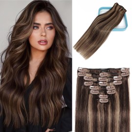 LORIEN Clip in Hair Extensions Real Human Hair, 14 Inch 80g, 2/6 Dark Brown to Chestnut Brown, Clip in 100% Brazilian Remy Human Hair Extensions 8pcs Per Set with 18 Clips Double Weft