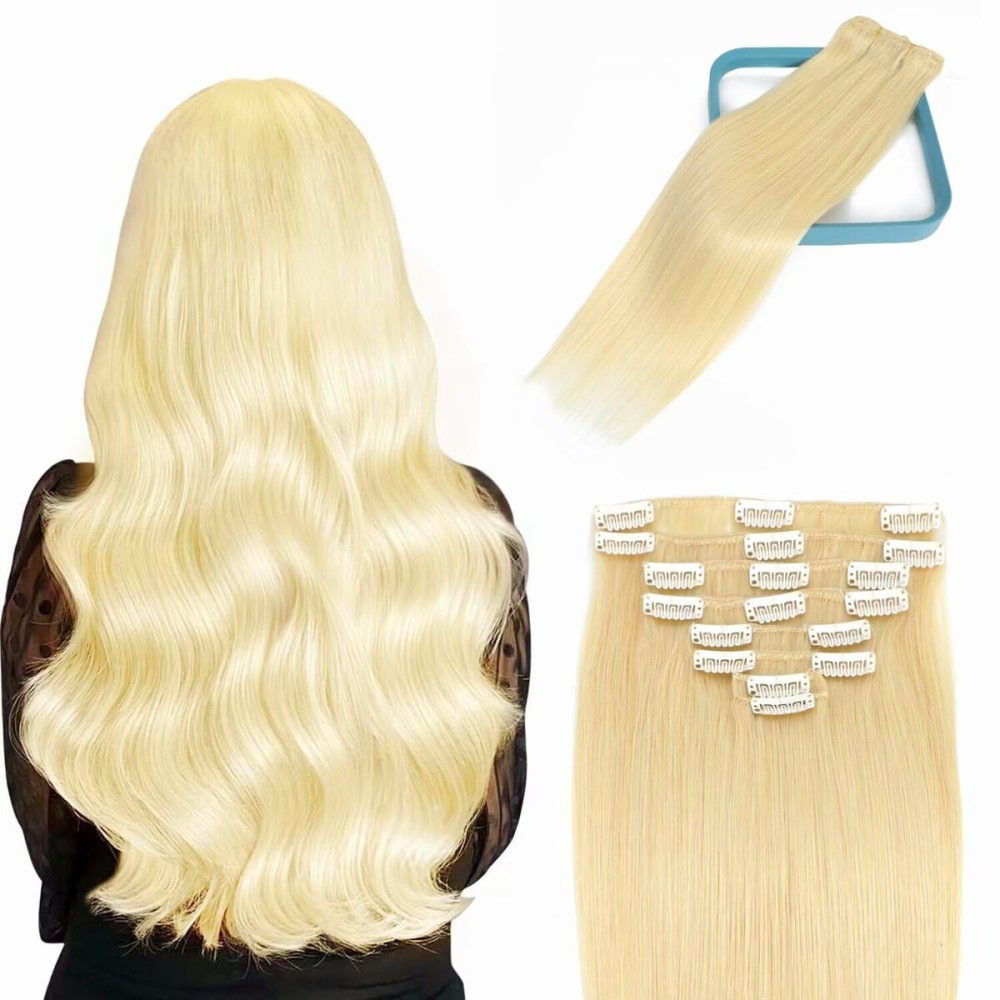 LORIEN Clip in Hair Extensions Real Human Hair, 14 Inch 80g, 613 Bleach Blonde, Clip in 100% Brazilian Remy Human Hair Extensions 8pcs Per Set with 18 Clips Double Weft