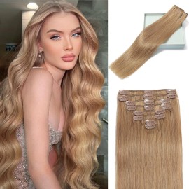 LORIEN Clip in Hair Extensions Real Human Hair, 14 Inch 80g, 27 Honey Blonde, Clip in 100% Brazilian Remy Human Hair Extensions 8pcs Per Set with 18 Clips Double Weft