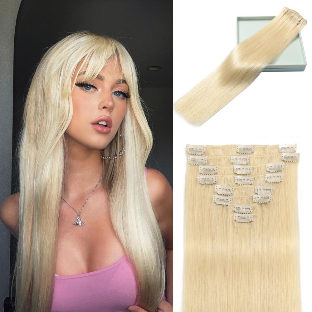LORIEN Clip in Hair Extensions Real Human Hair, 14 Inch 80g, 60 Platinum Blonde, Clip in 100% Brazilian Remy Human Hair Extensions 8pcs Per Set with 18 Clips Double Weft