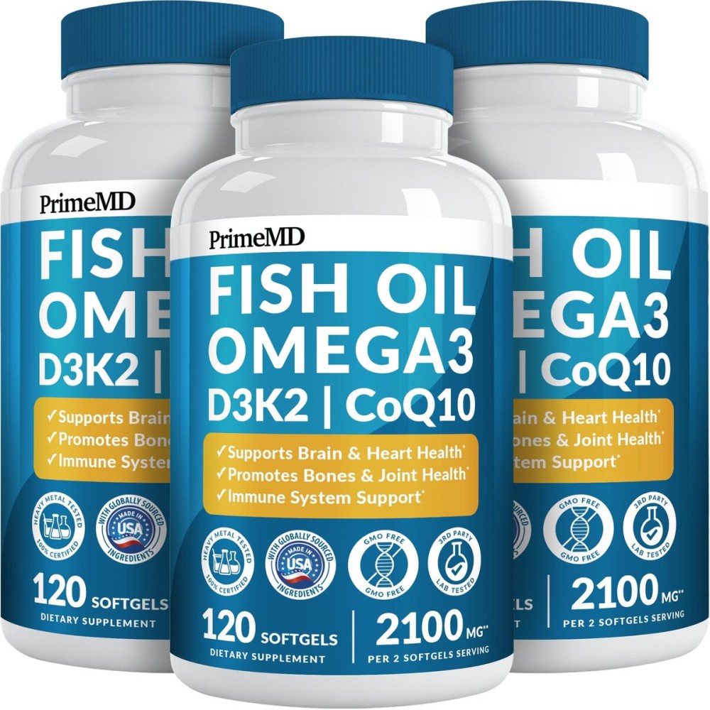 5-in-1 Fish Oil Omega 3 Fatty Supplements (2100mg) - Omega 3 Fish Oil with Vitamins D3 K2 and CoQ10 - Lemon Flavored (120 softgels, Pack of 3)
