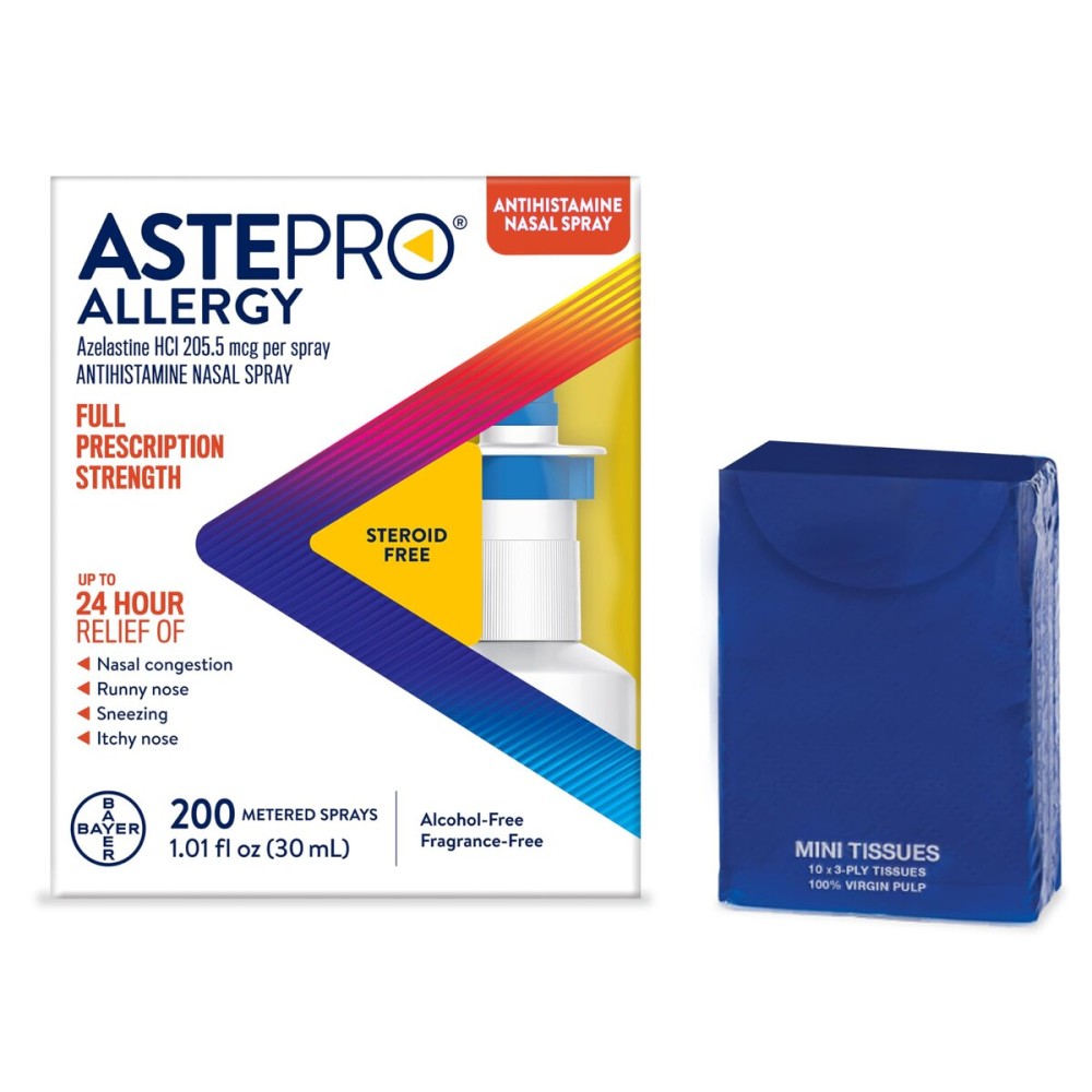 Astepro Nasal Spray and Tissue Bundle, 24-Hour Allergy Relief, Steroid-Free Azelastine HCI, Nasal Congestion, Runny & Itchy Nose, 200 Metered Sprays (Packaging May Vary)