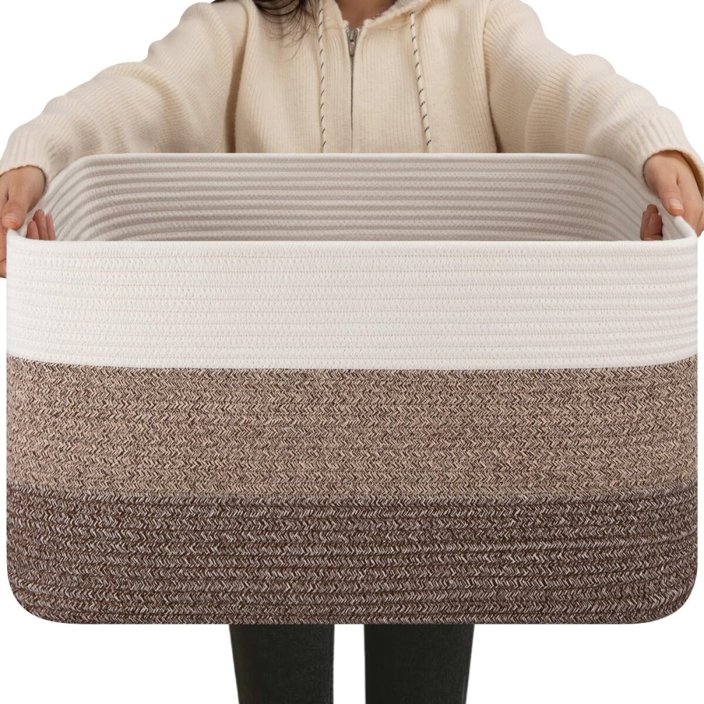 OIAHOMY Large Blanket Basket For Living Room, Rectangle Woven Baskets for Storage, Nursery Toy Storage With Handle-22x17x12-Gradient Dark Brown