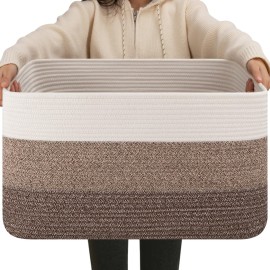 OIAHOMY Large Blanket Basket For Living Room, Rectangle Woven Baskets for Storage, Nursery Toy Storage With Handle-22x17x12-Gradient Dark Brown