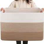OIAHOMY 108L Super Large Blanket Basket, 25x16x16 Rectangle Woven Baskets for Storage, Cotton Rope Basket For Living Room, Toy Storage with Handle- Gradient Light Brown