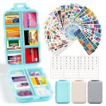 3 Pack 14 Grids Travel Pill Organizer Box with 415-Pcs Medicine Name Labels - Pocket Daily Pharmacy Case Container Kit - Travel Medication Holder Dispenser for Fish Oil Vitamin, Khaki+Grey+Sky Blue