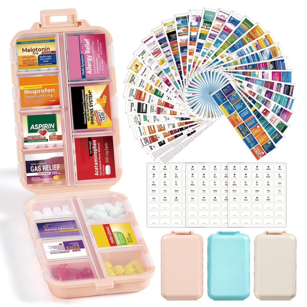 3 Pack 14 Grids Travel Pill Organizer Box with 415-Pcs Medicine Name Labels - Pocket Daily Pharmacy Case Container Kit - Travel Medication Holder Dispenser for Fish Oil Vitamin, Khaki+Pink+Sky Blue