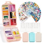 3 Pack 14 Grids Travel Pill Organizer Box with 415-Pcs Medicine Name Labels - Pocket Daily Pharmacy Case Container Kit - Travel Medication Holder Dispenser for Fish Oil Vitamin, Khaki+Pink+Sky Blue