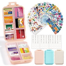3 Pack 14 Grids Travel Pill Organizer Box with 415-Pcs Medicine Name Labels - Pocket Daily Pharmacy Case Container Kit - Travel Medication Holder Dispenser for Fish Oil Vitamin, Khaki+Pink+Sky Blue
