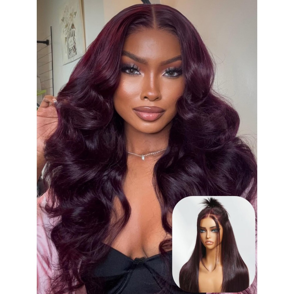 UNICE Bye Bye Knots 7x5 Pre Cut Lace Front Glueless Wig Black Cherry Layered Wig Straight Human Hair Put on and Go Wig Pre Plucked Natural Hairline Bleached Invisible Knots 180% Density 24 Inch