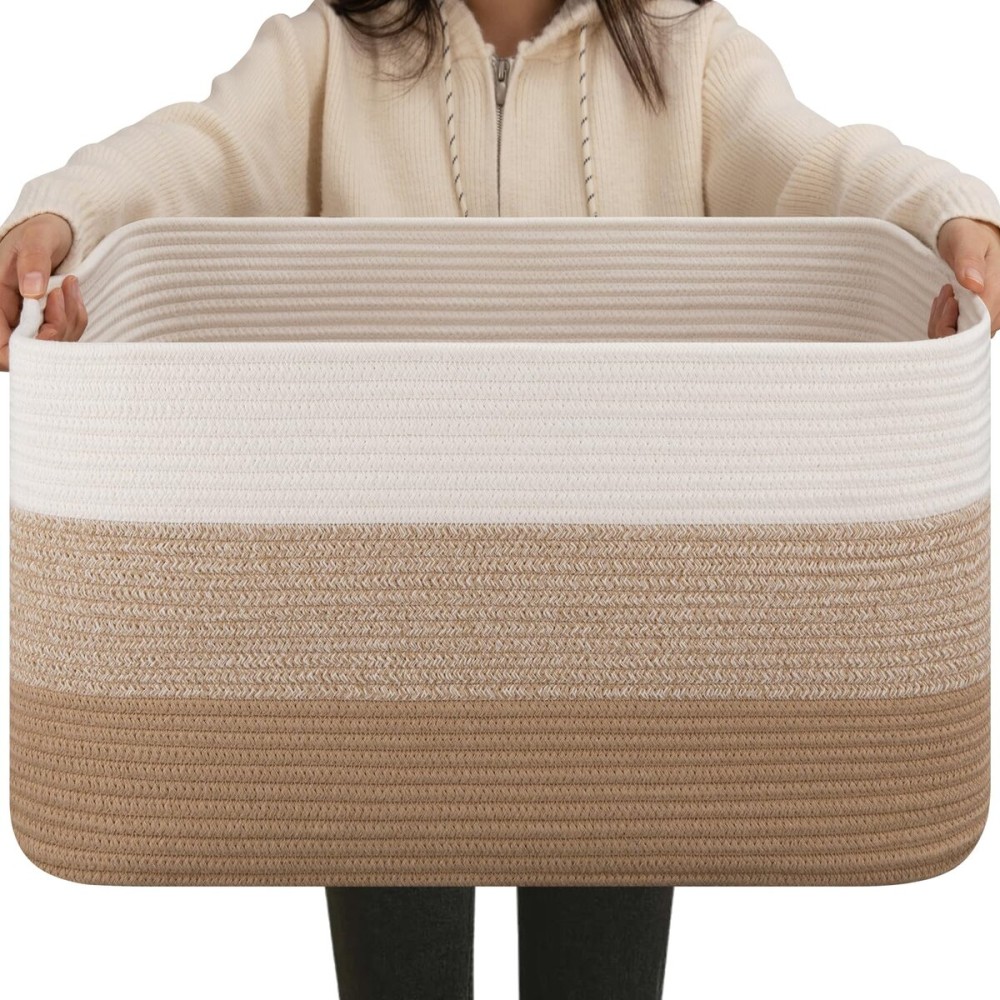 OIAHOMY Large Blanket Basket For Living Room, Rectangle Woven Baskets for Storage, Nursery Toy Storage With Handle-22x17x12-Gradient Light Yellow