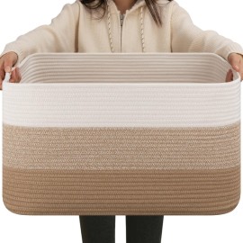 OIAHOMY Large Blanket Basket For Living Room, Rectangle Woven Baskets for Storage, Nursery Toy Storage With Handle-22x17x12-Gradient Light Yellow