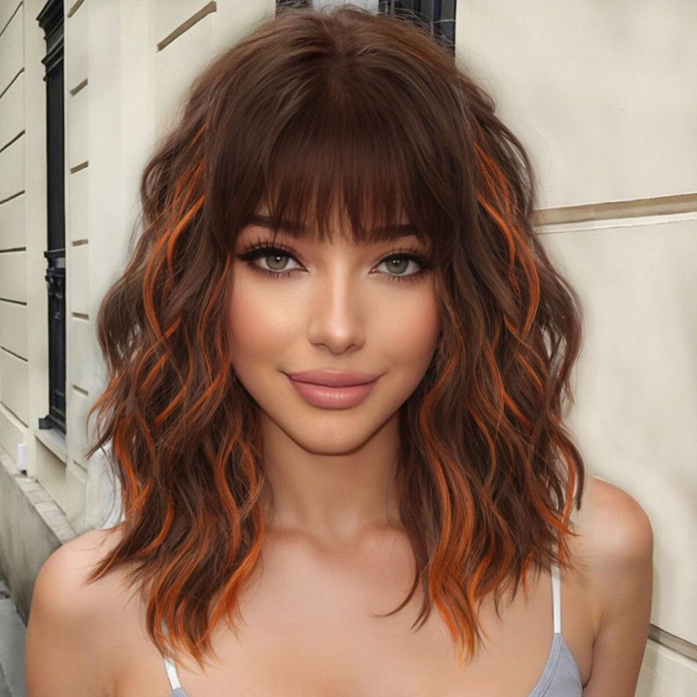 AISI HAIR Ginger and Brown Synthetic Wavy Curly Bob Wig with Bangs Short Wavy Hair for Women Synthetic Heat Resistant Bob Wigs