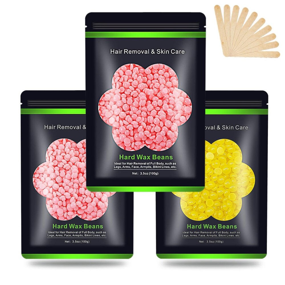 Wax Beads for Hair Removal 10.5oz (300g), Auperwel Hard Wax Beads Beans for Sensitive Skin Brazilian Waxing, Face, Bikini, Eyebrow, Legs, Painless for Women Men, 3 packs Kit with 10 Sticks