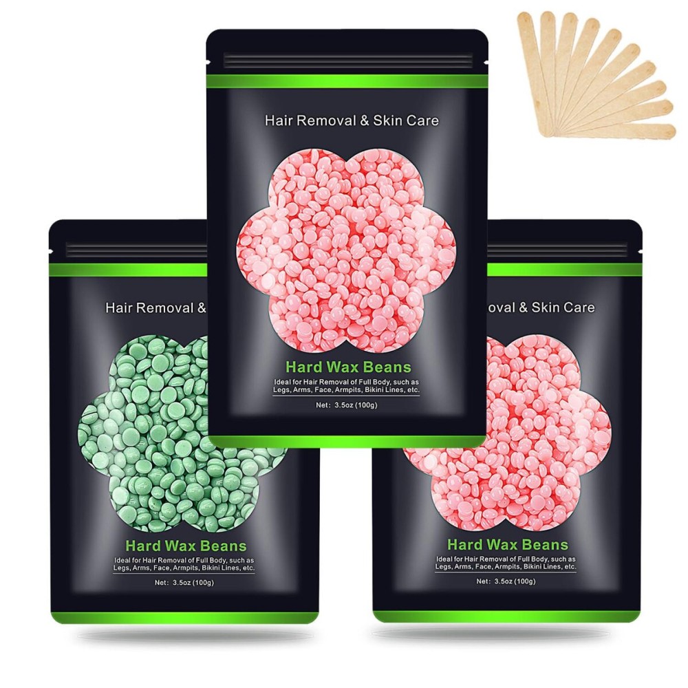 Wax Beads for Hair Removal 10.5oz (300g), Auperwel Hard Wax Beads Beans for Sensitive Skin Brazilian Waxing, Face, Bikini, Eyebrow, Legs, Painless for Women Men, 3 packs Kit with 10 Sticks
