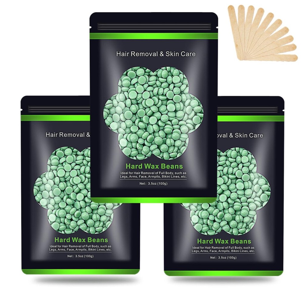 Wax Beads for Hair Removal 10.5oz (300g), Auperwel Hard Wax Beads Beans for Sensitive Skin Brazilian Waxing, Face, Bikini, Eyebrow, Legs, Painless for Women Men, 3 packs Kit with 10 Sticks