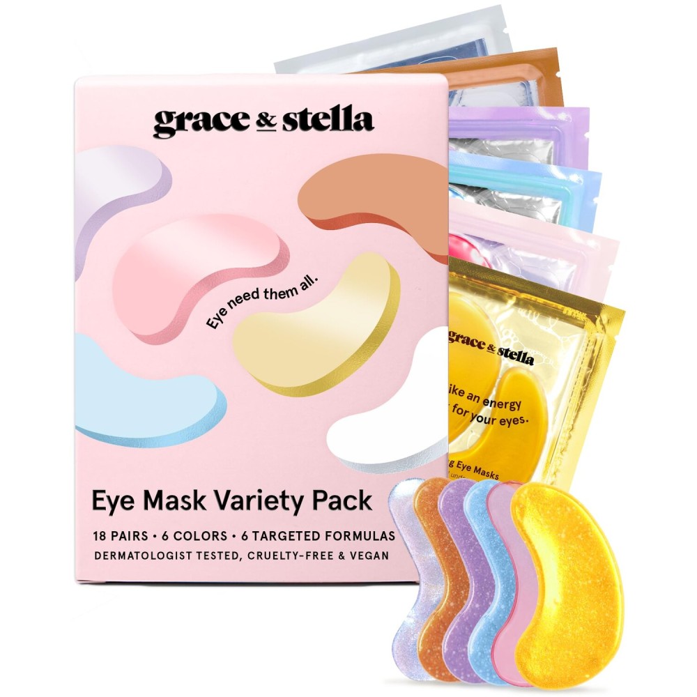 grace & stella Under Eye Mask Variety Pack - 18 Pairs of Under Eye Patches for Dark Circles - With 6 Colors (3 Pairs/Color) - Gel Masks Puffy Eyes for Women, Vegan Cruelty Free Christmas Gifts for Mom