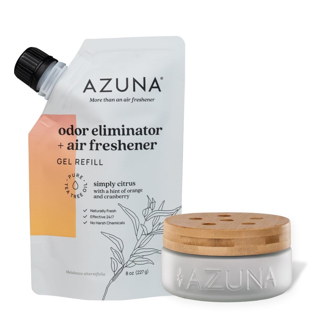Azuna Air Freshener & Odor Eliminator for Strong Odor | 1 Room Kit Includes (1) Empty Luxe Glass Jar & 8oz Refill with Tea Tree Essential Oil Gel | Simply Citrus | Last 60-90 Days