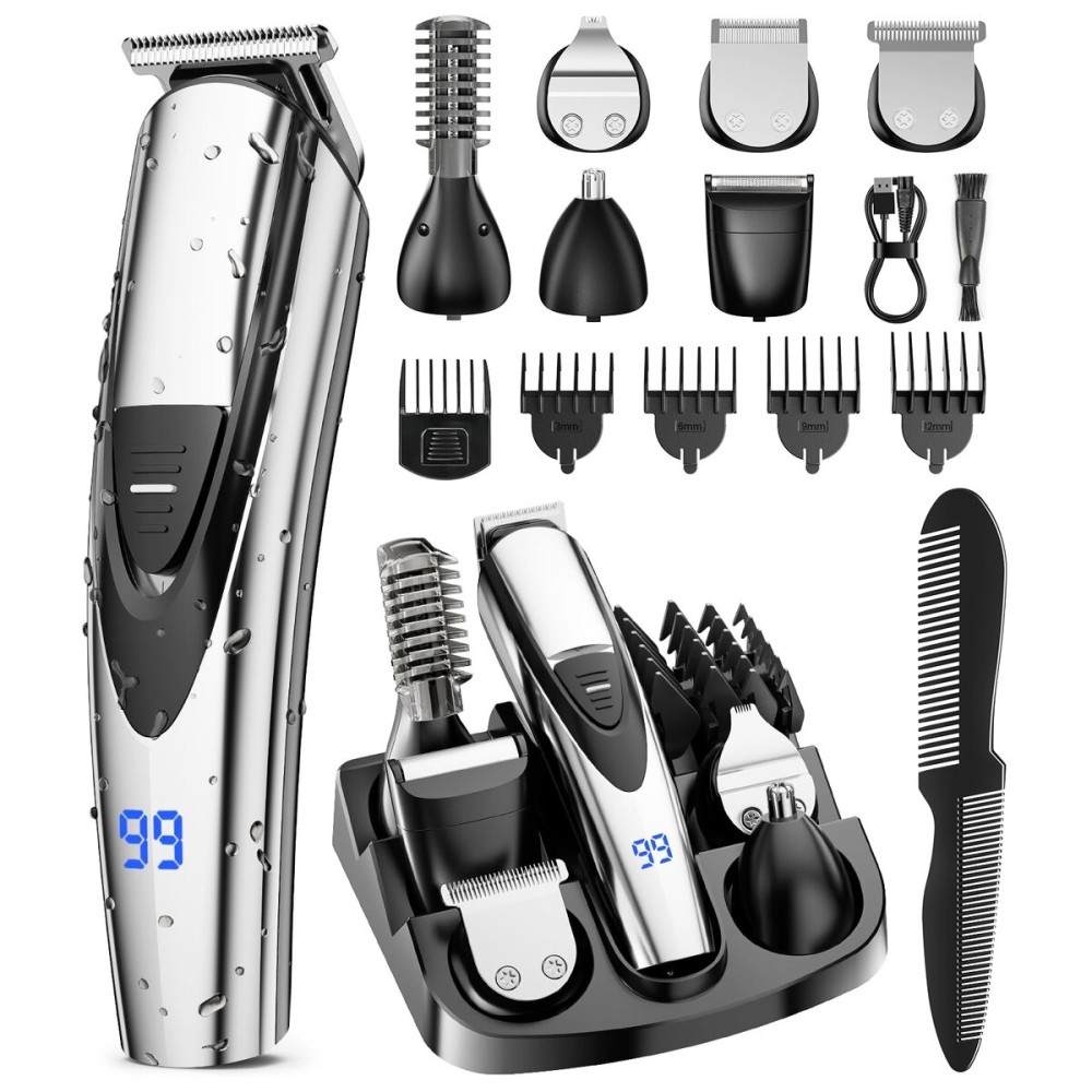 SHPAVVER Beard Trimmer for Men: Professional Barber Hair Clippers - 12-in-1 Cordless Grooming Kit - Waterproof Electric Razor with Turbo Speed & Precision Blades, Silver