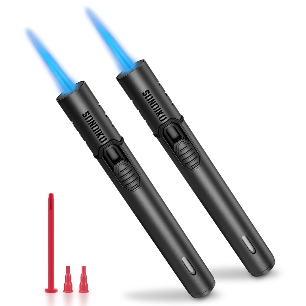 Sondiko Torch Lighters, Refillable Butane Lighter with Adjustable Jet Flame, Metal Shell, Transparent Fuel Window, Butane Nozzle Adapter Kit for Candle, BBQ, Fireworks, BUTANE NOT INCLUDED