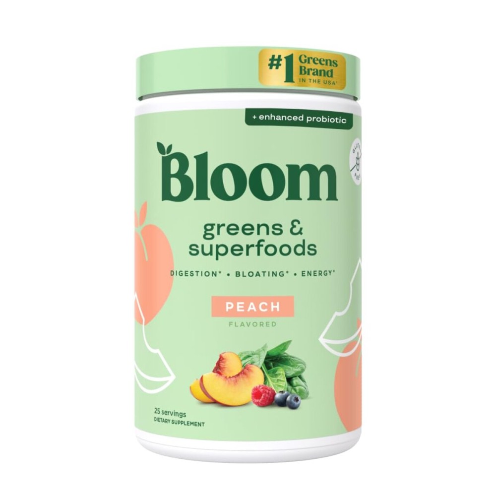 Bloom Nutrition Superfood Greens Powder, Digestive Enzymes with Probiotics and Prebiotics, Gut Health, Bloating Relief for Women, Chlorella, Green Juice Mix with Beet Root Powder, 25 SVG, Peach