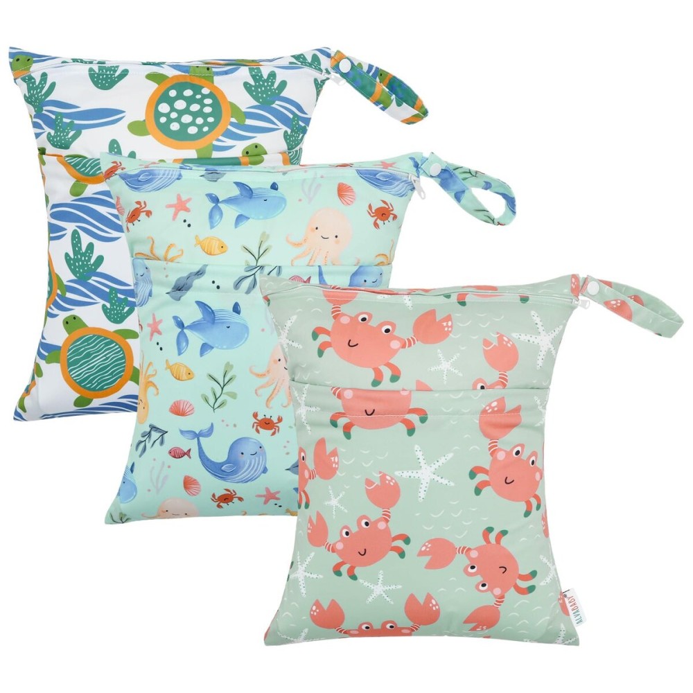 ALVABABY 3pcs Cloth Diaper Wet Dry Bags Waterproof Reusable with Two Zippered Pockets Travel Beach Pool Daycare Soiled Baby Items Yoga Gym Bag for Swimsuits or Wet Clothes 3L-ZM15A