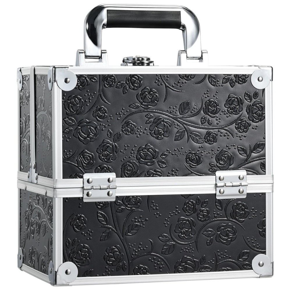 FRENESSA Makeup Train Case Cosmetic Box Portable Makeup Case Organizer 4 Trays Travel Case Storage with Dividers Lockable for Make up Artist Crafter Nail Kits Tools Black Floral