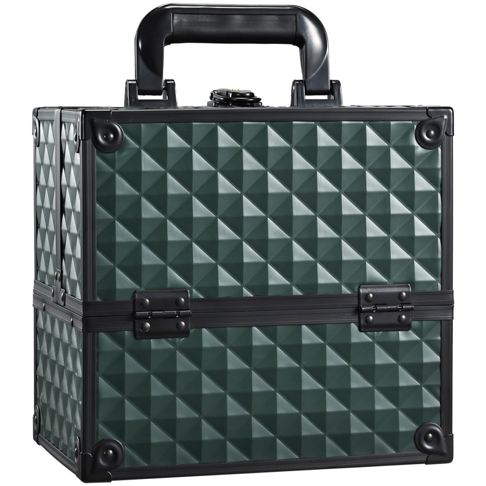 FRENESSA Makeup Case Makeup Box Cosmetic Train Cases Portable Make Up Artist Travel Case Storage Box 4 Trays with Dividers Lockable Hard Makeup Box Craft Nail Kits Case Drak Green