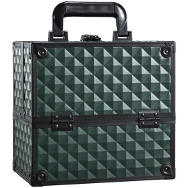 FRENESSA Makeup Case Makeup Box Cosmetic Train Cases Portable Make Up Artist Travel Case Storage Box 4 Trays with Dividers Lockable Hard Makeup Box Craft Nail Kits Case Drak Green