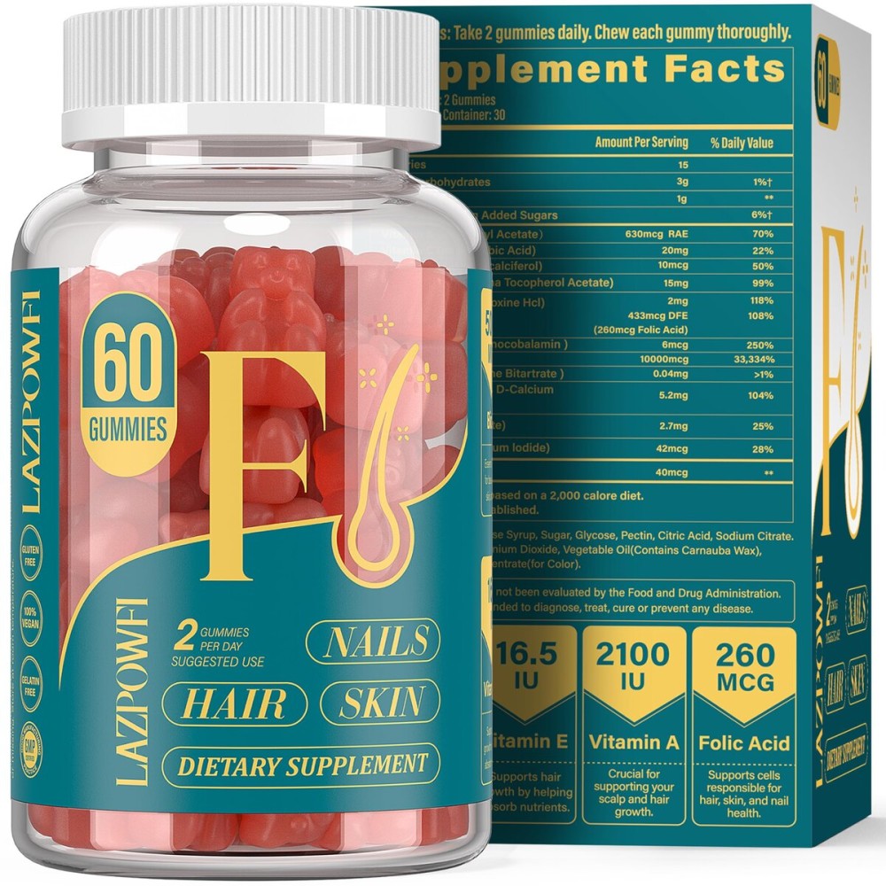 Lazpowfi Biotin Gummies -Hair Skin and Nails Vitamins for Men & Women, Vegan Vitamin B7, Supports Hair Growth and Stronger Nails,30 Day Supply-Strawberry-60 Counts