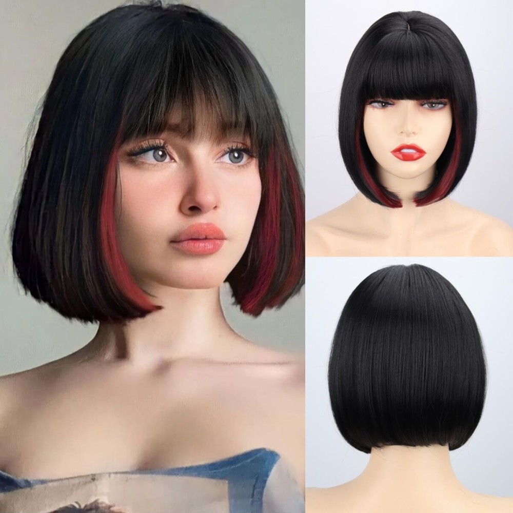WERD Short Bob Black Wig with Bangs Synthetic Hair for Women mixed Black Red Highlights Wigs for Cosplay Party Daily Halloween