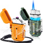 LcFun 2 Pack Waterproof Lighter Outdoors Hunting Gear, Windproof Electric USB Rechargeable Dual Arc Plasma Lighter, Refillable Butane Torch Lighters, Tactical Survival Camping Hiking Gadgets for Men