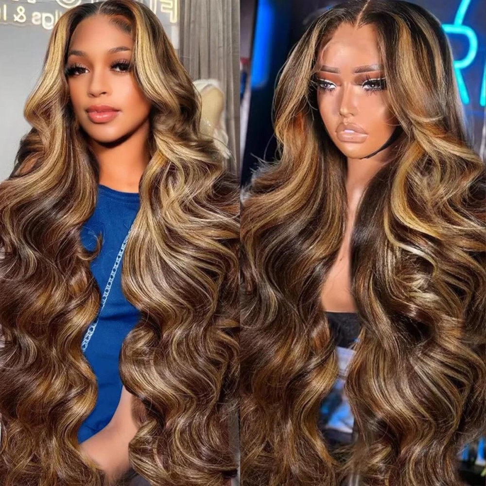 Smabuity 26 Inch Honey Blonde Ombre Lace Front Wig Human Hair Highlight Body Wave 13X6 Lace Front Wigs Human Hair Pre Plucked 180 Density HD Frontal Glueless 4/27 Highlighted Wigs