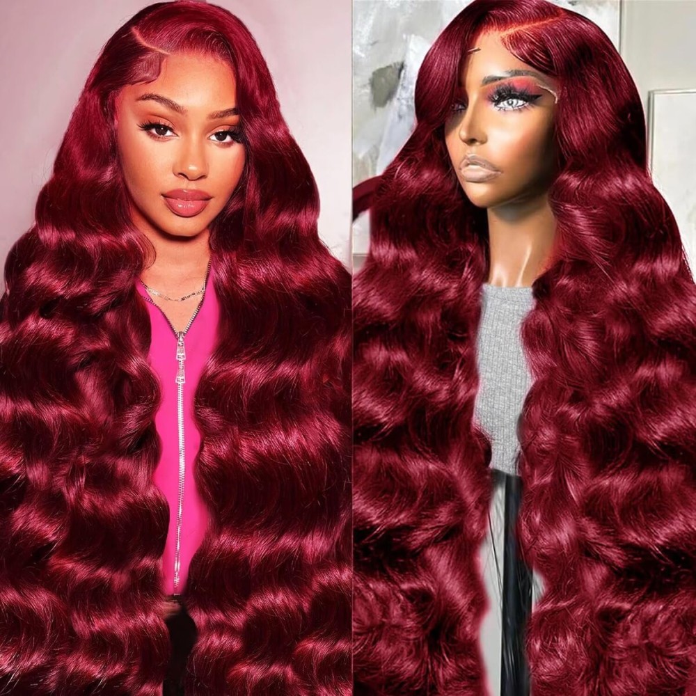 Smabuity 26 Inch 99J Burgundy Lace Front Wigs Human Hair Pre Plucked 13x6 HD Transparent Body Wave Lace Front Wigs Human Hair Glueless Frontal for Women