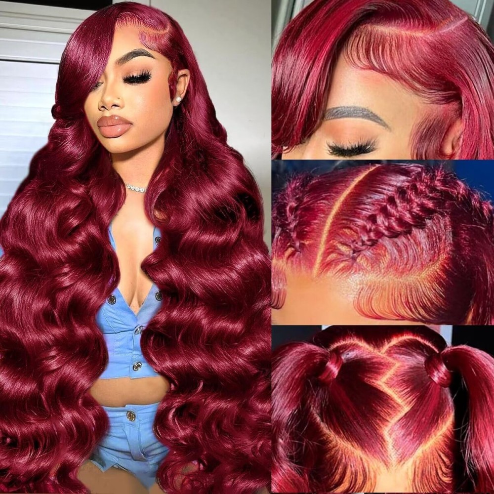 Smabuity 99J Burgundy Lace Front Wigs Human Hair Red Burgundy Wig Human Hair 13x6 HD Body Wave Lace Front Wigs Pre Plucked 180 Density Glueless Frontal Wigs Human for Women 22 Inch