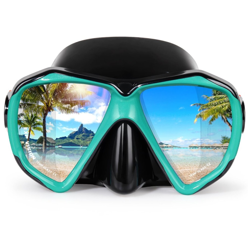 Snorkel Diving Mask Panoramic HD Swim Mask, Anti-Fog Scuba Diving Goggles,Tempered Glass Dive Mask Adult Youth Swim Goggles with Nose Cover for Diving, Snorkeling, Swimming (Black Green)