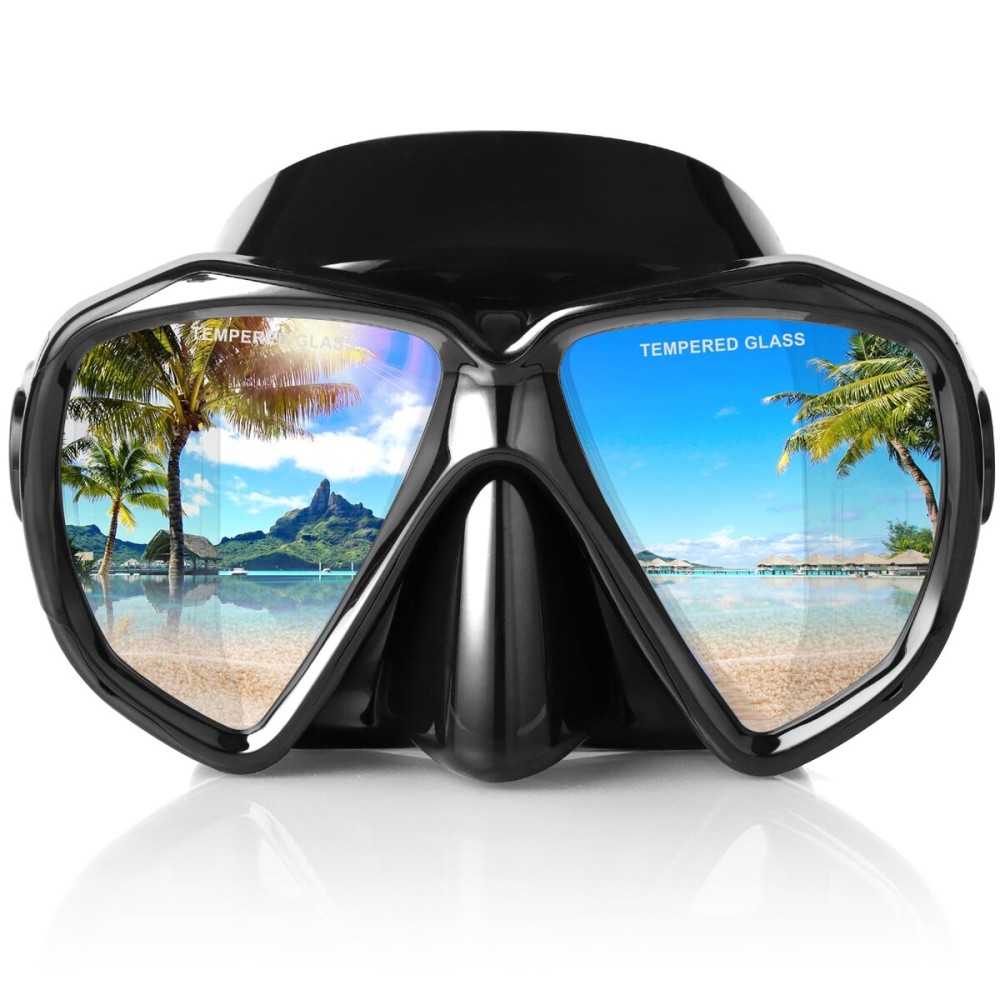 Snorkel Diving Mask Panoramic HD Swim Mask, Anti-Fog Scuba Diving Goggles,Tempered Glass Dive Mask Adult Youth Swim Goggles with Nose Cover for Diving, Snorkeling, Swimming (All-Black)
