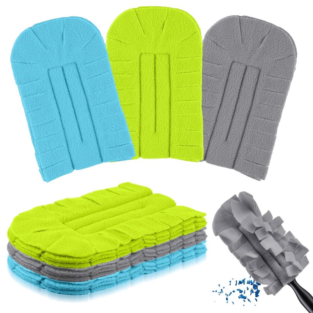 Zubebe 3 Pcs Duster Refill Reusable Fleece Duster Refills Feather Flat Dusters Multi Surface Washable Cleaning Pads Tools for Home, Blinds, Car, Pet, Furniture, Fans (Blue,Green,Gray)