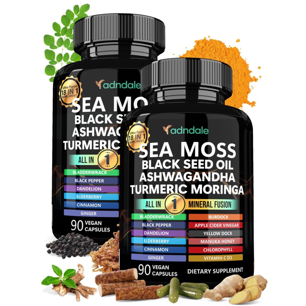 Adndale Sea Moss Black Seed Oil Ashwagandha Ginger Capsules, Sea Moss Capsules with Black Seed Oil, Ashwagandha, Turmeric, Moringa, Bladderwrack, Burdock Root, Manuka Honey, Cinnamon, 180 Count